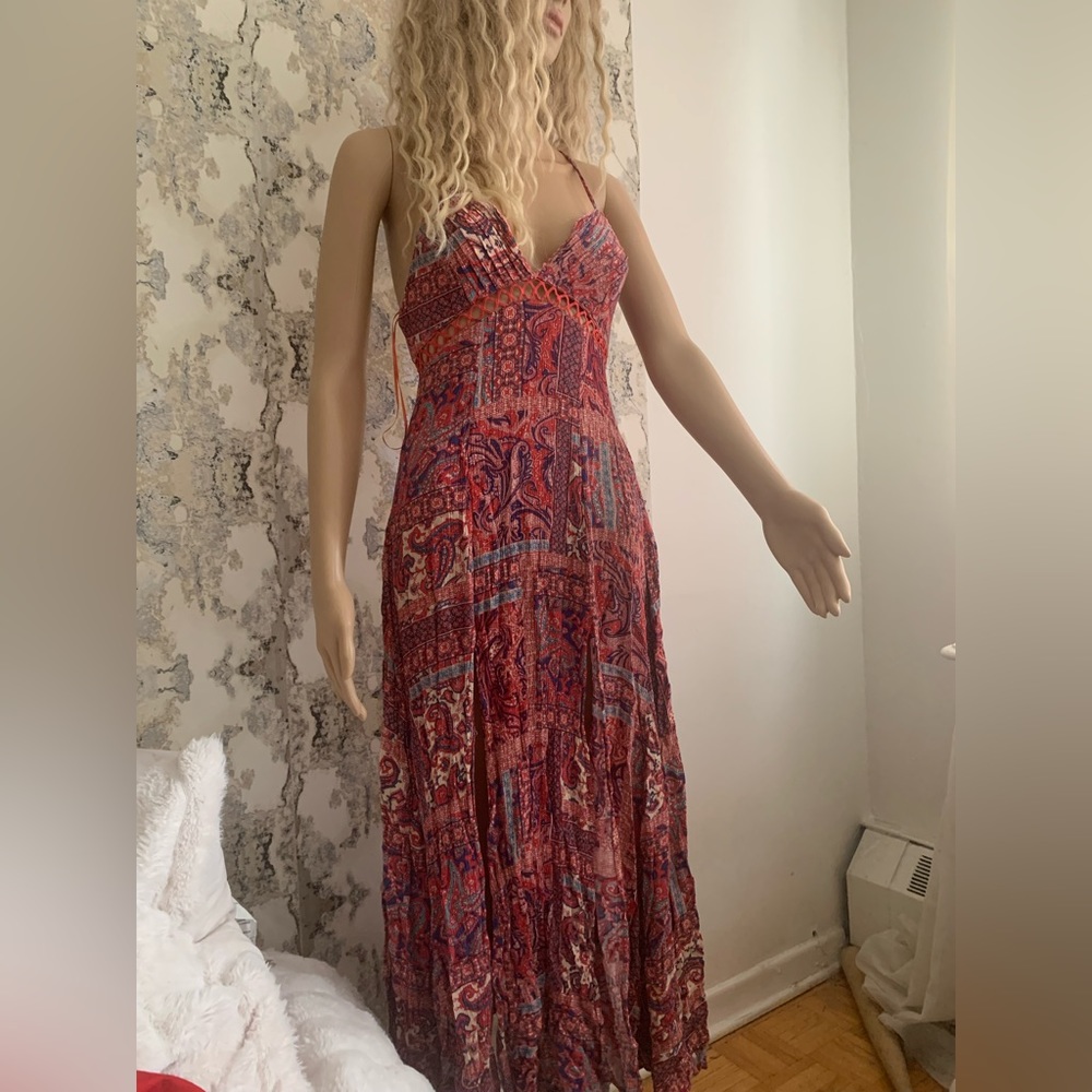 BOHO MAXI DRESS WITH SIDE SLIT ! Intricate detailing with adjustable straps !